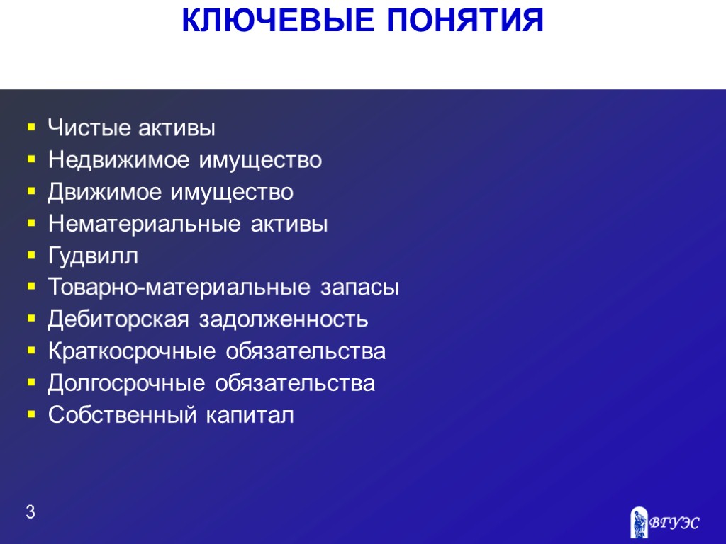 КЛЮЧЕВЫЕ ПОНЯТИЯ 3 Чистые активы Недвижимое имущество Движимое имущество Нематериальные активы Гудвилл Товарно-материальные запасы